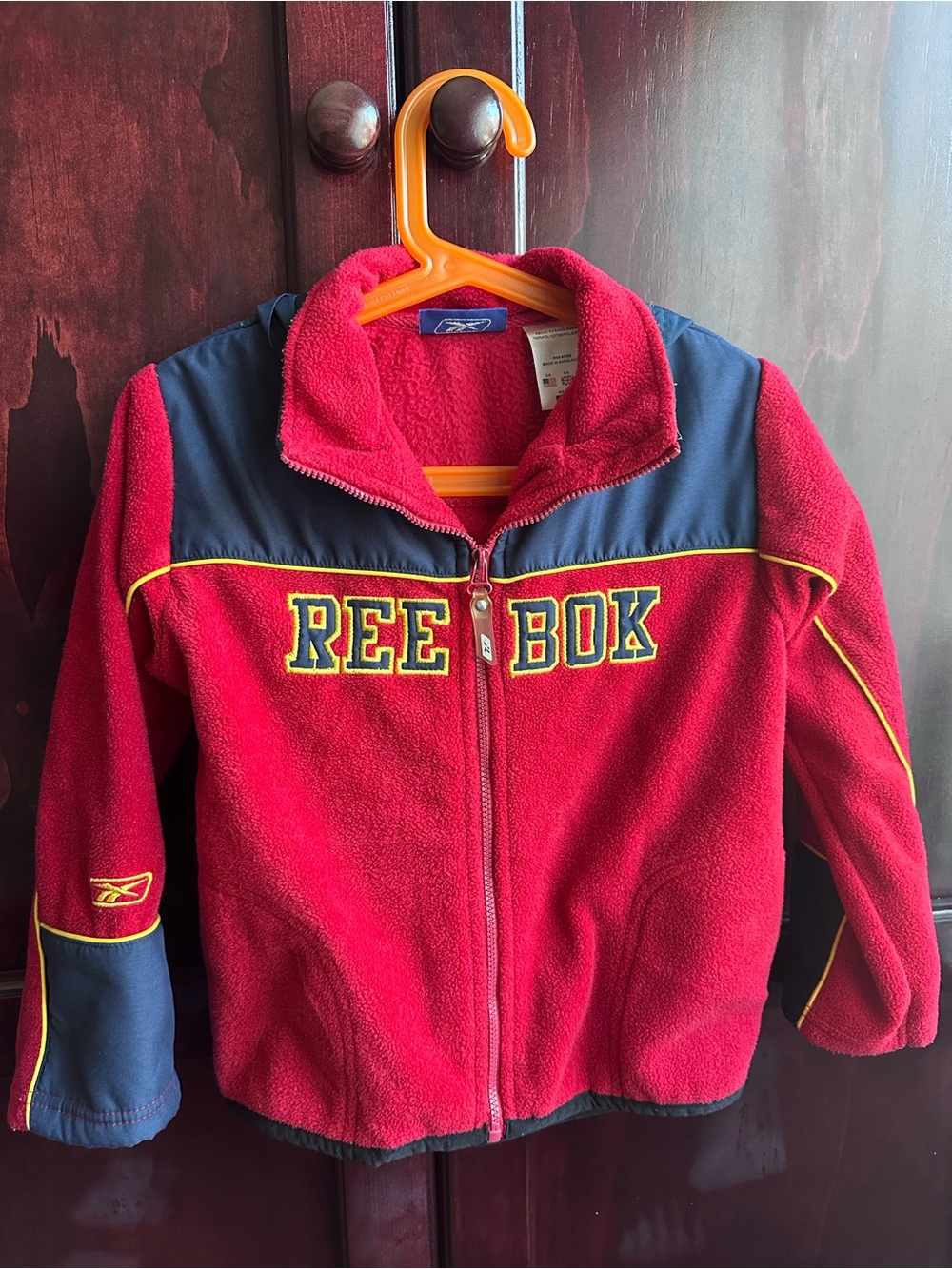 Vintage Reebok Red Fleece Jacket with Navy and Yellow Trim